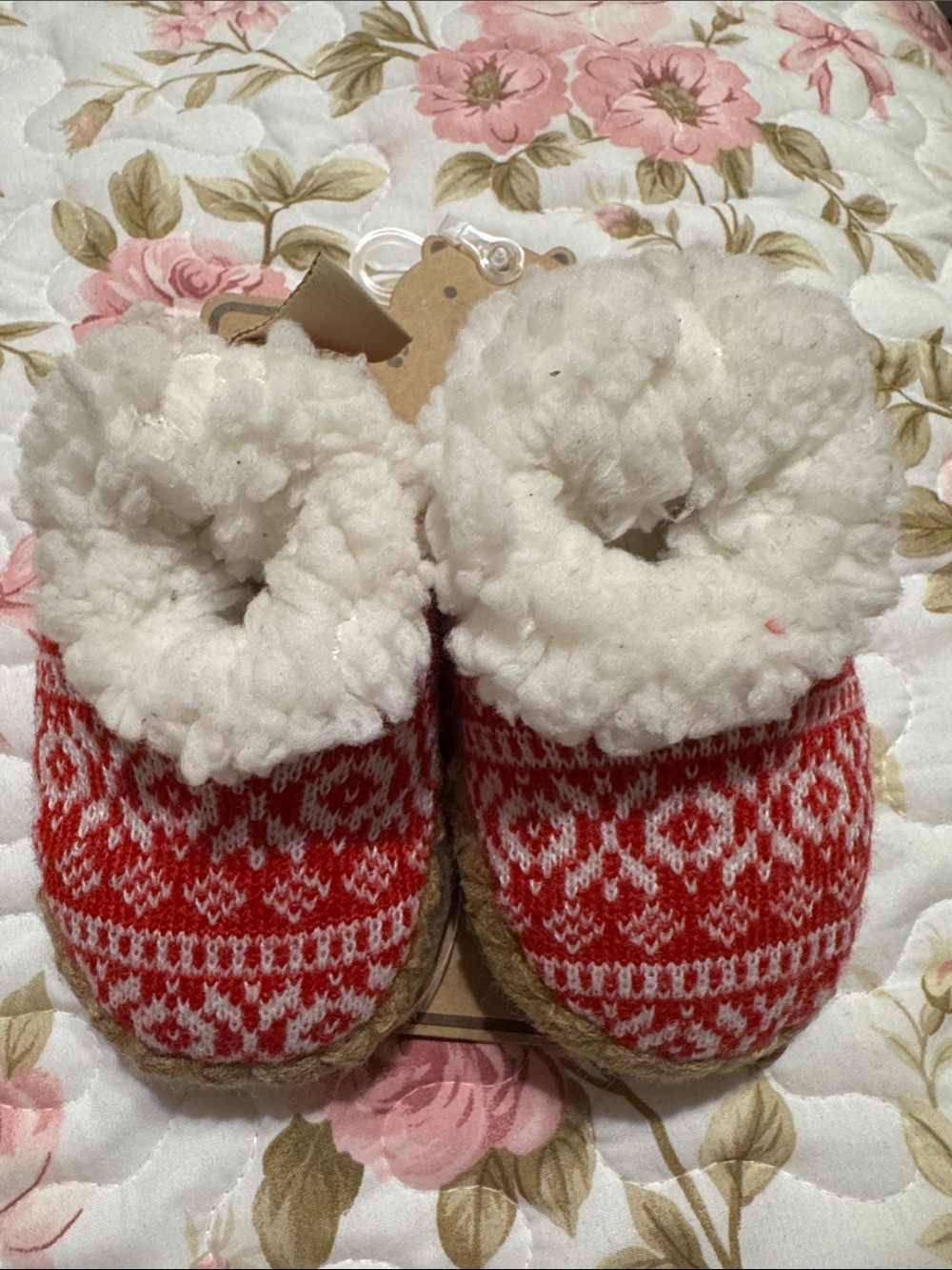 BearPaw Red and White Knit Toddler Slippers with Plush Cuff